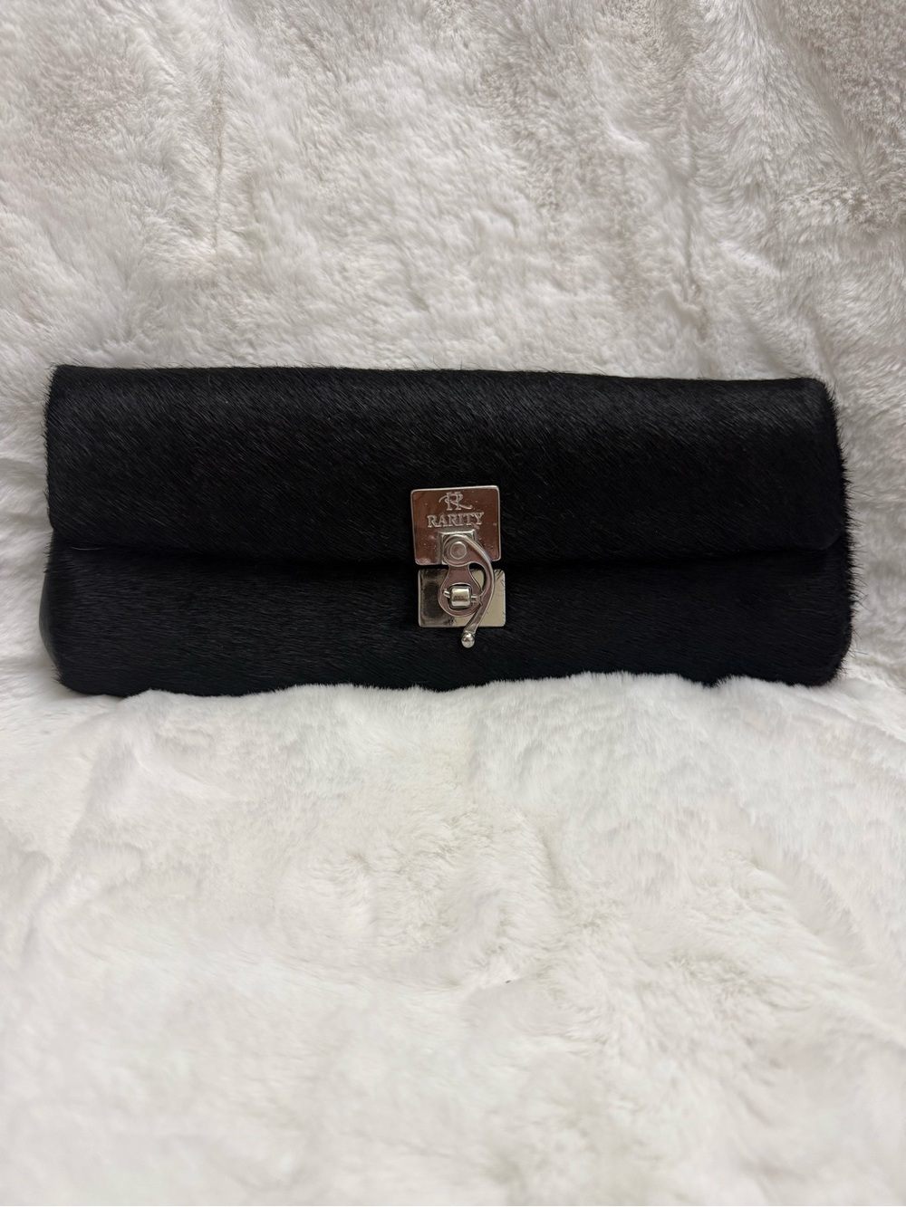 Rarity Black Haircalf Foldover Clutch Bag Genuine Fur Leather Evening Cocktail P
